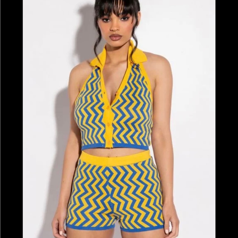 SYDNEY HALTER NECK KNIT CROP TOP AND SHORTS SET IN YELLOW AND BLUE